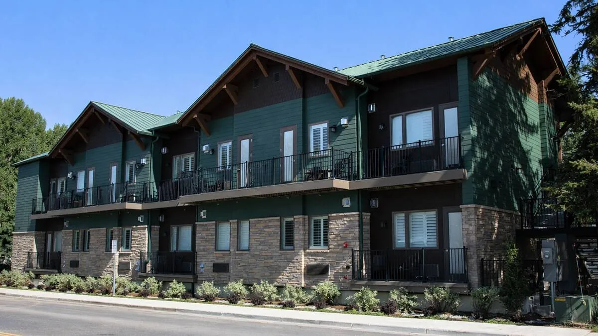 Two-story hospitality building with balconies